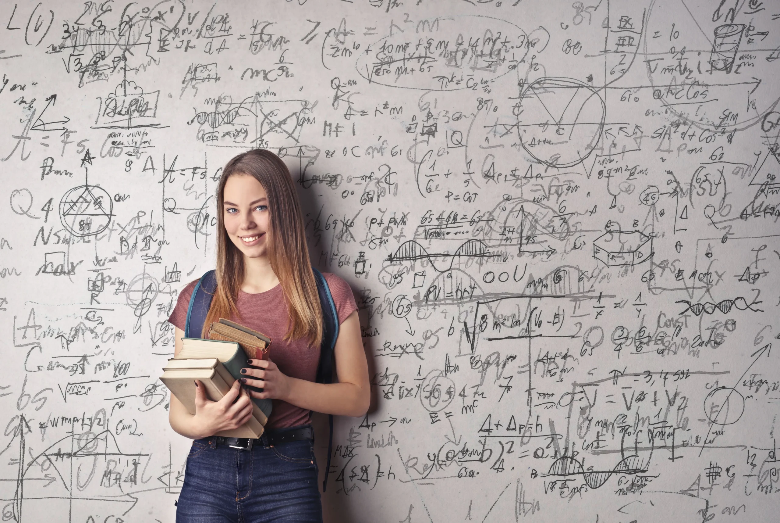 A girl is smiling standing in front of the white board.