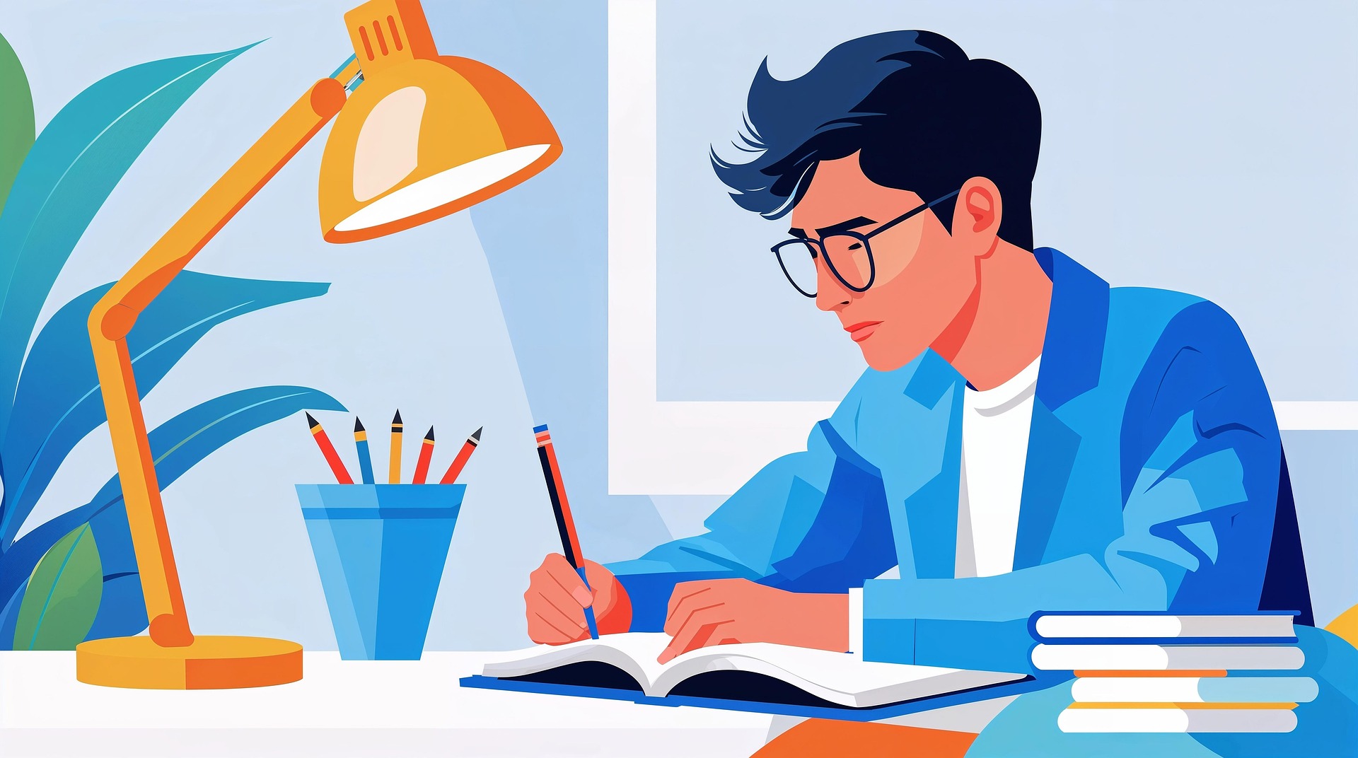 A man illustration showing work on the table.