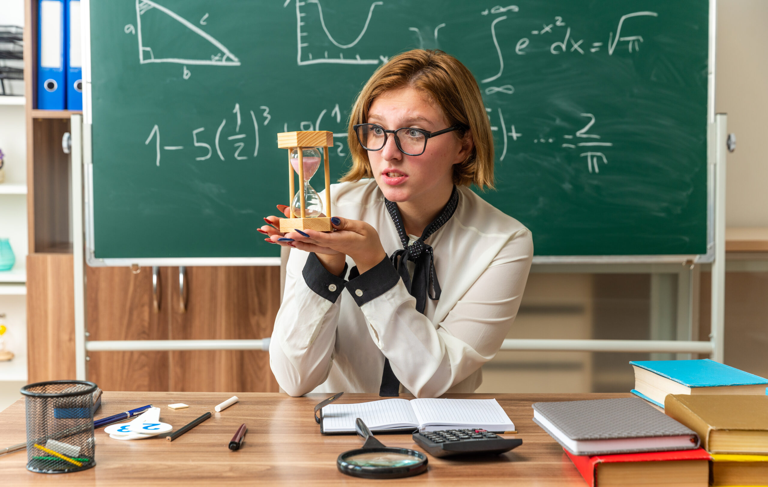pleased young female teacher sits at table with school tools holding and looking at hourglass in classroom