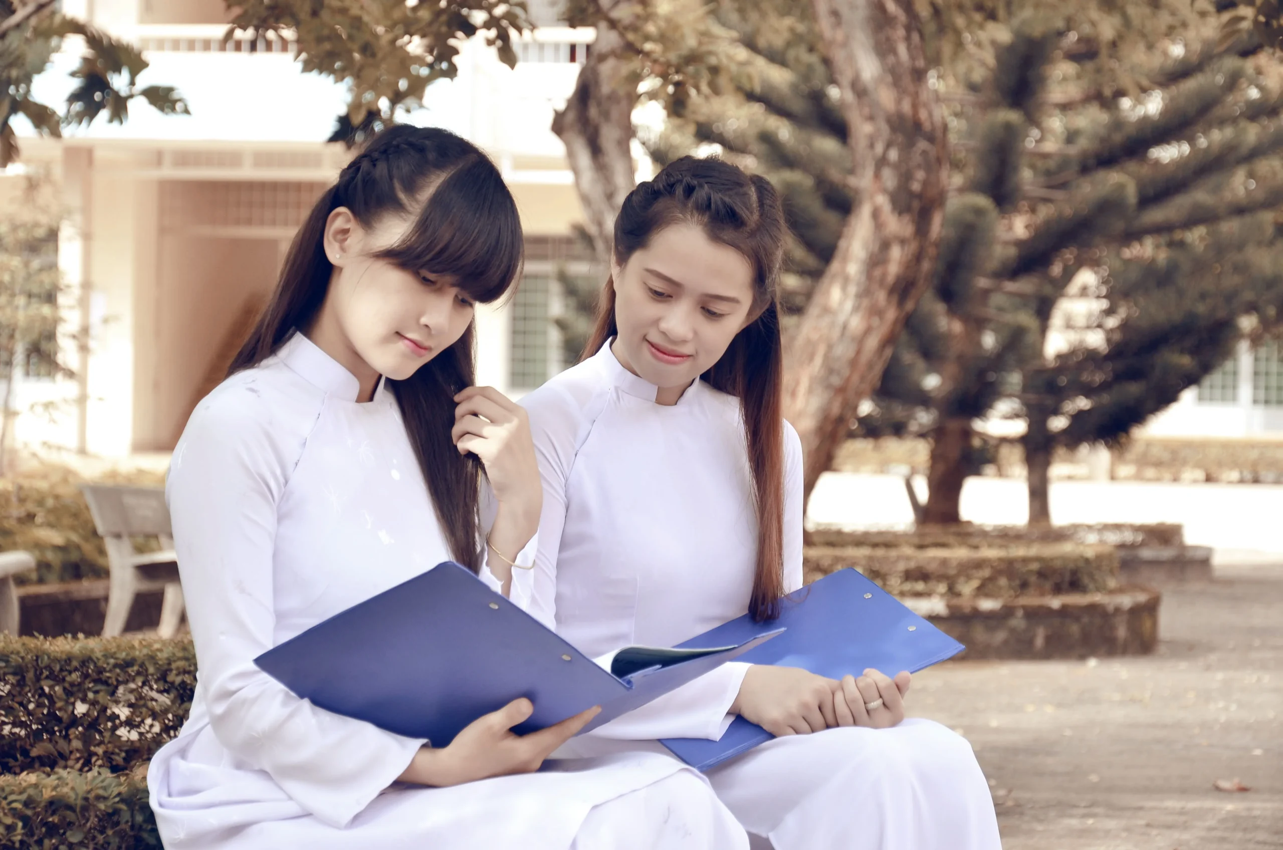 The two girls are studying together.
