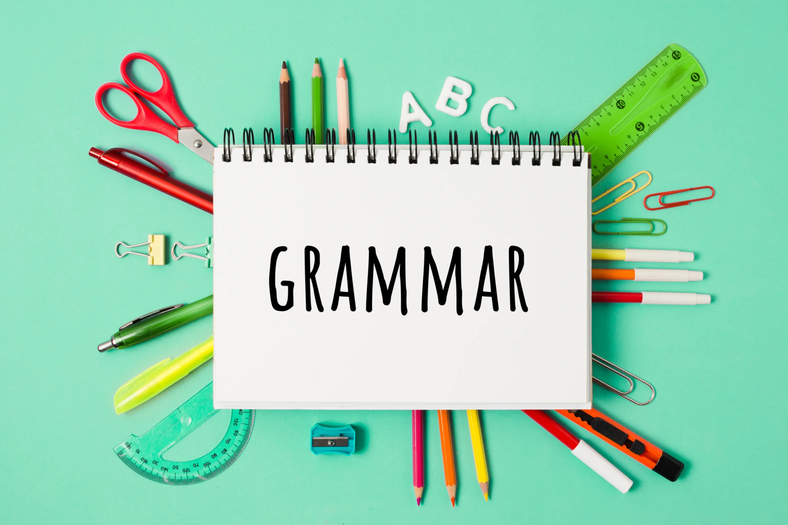 Notebook with grammar words.