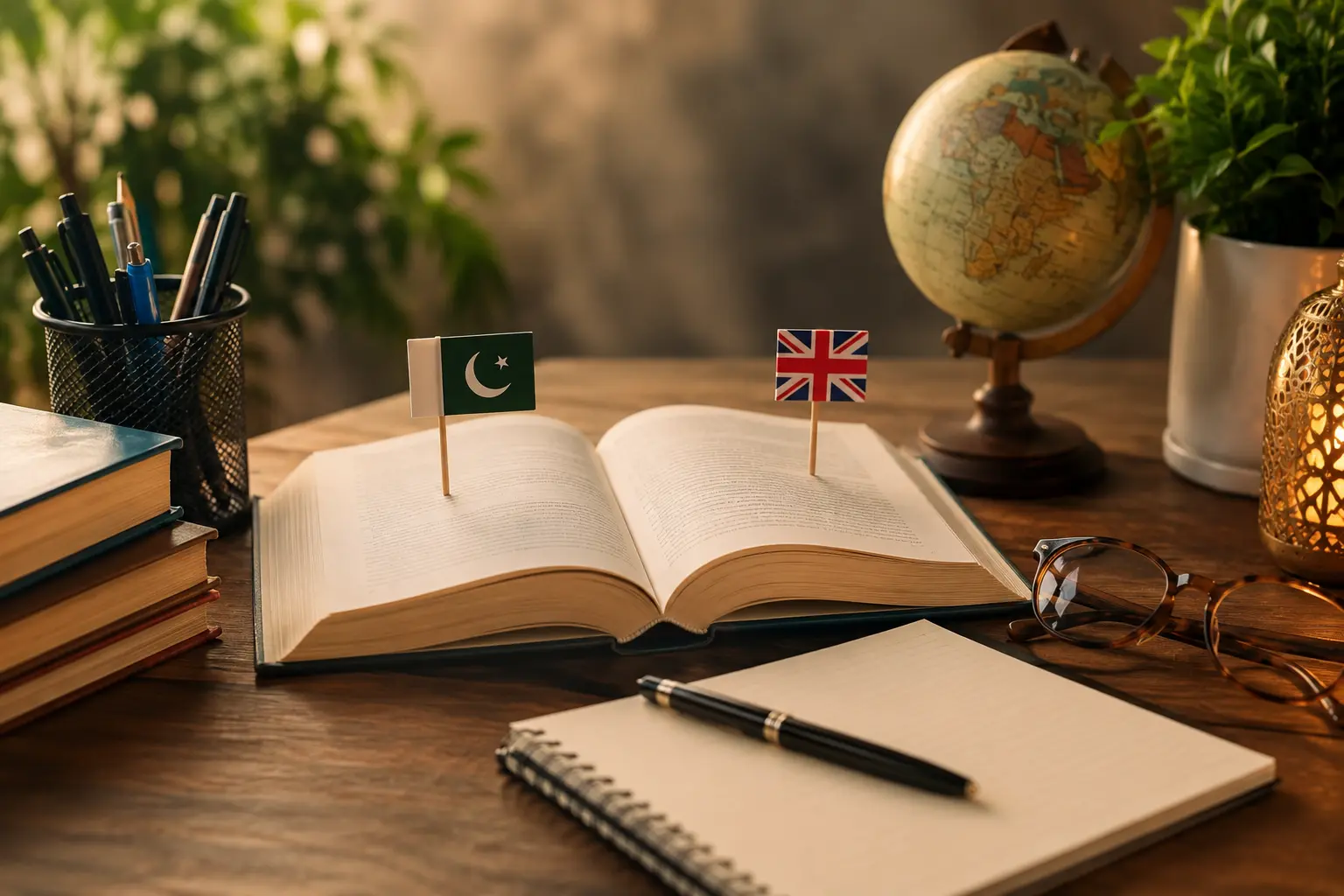 Two flags of different countries are placed on the two separate pages of the book.