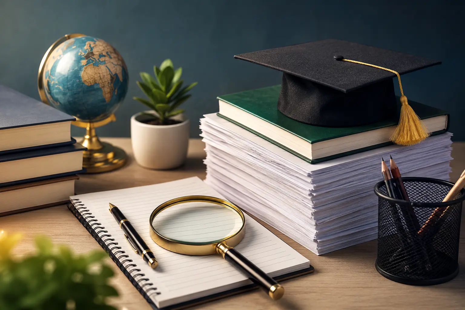 Some books and a magnification lens is placed on the table.