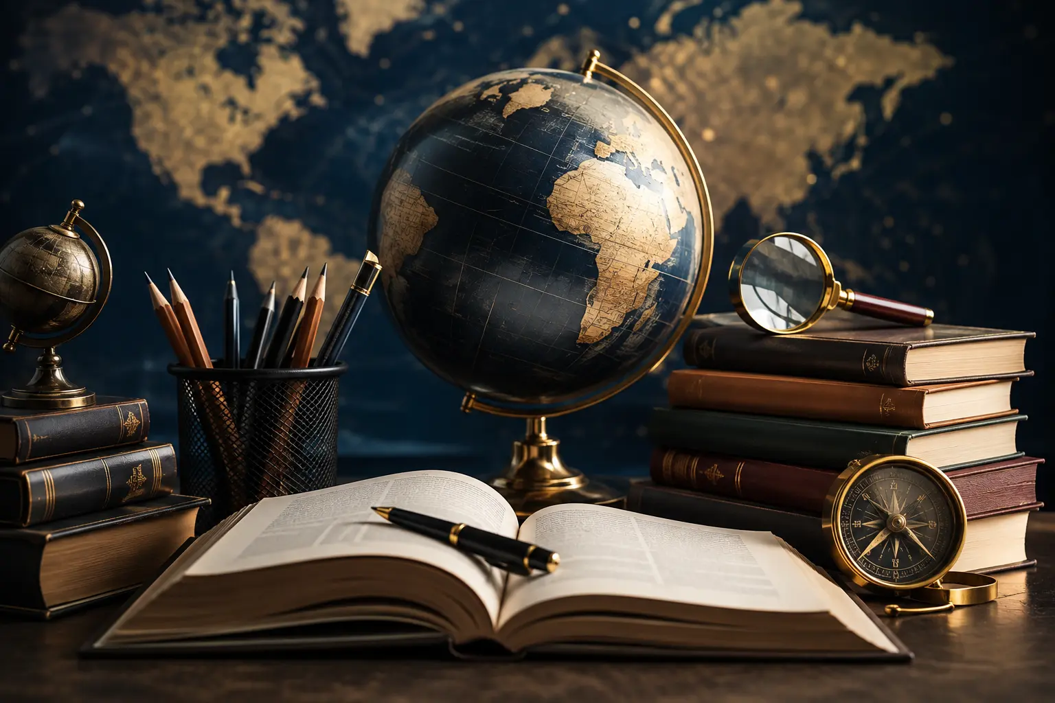 A globe is placed on the table.
