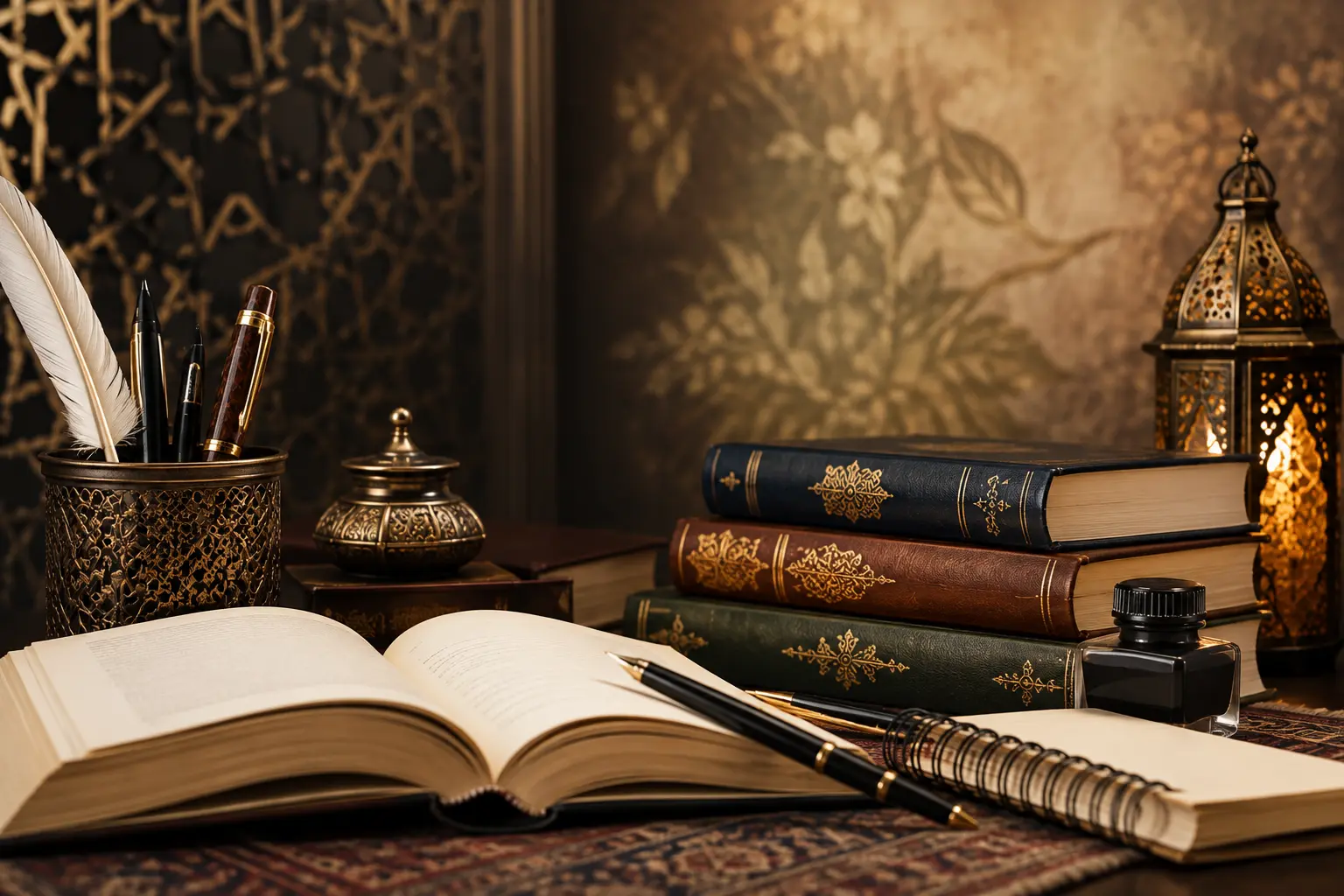 An Urdu book is opened at the table.
